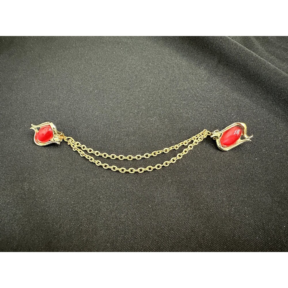 Vintage Goldtone Sweater Clip With Pink Acrylic/Lucite Oval Stones ~ 7 3/4"